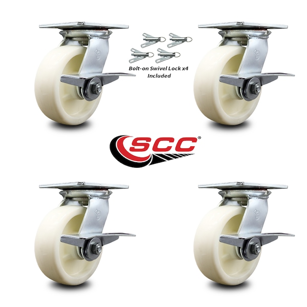 6 Inch Nylon Caster Set With Roller Bearing And Brakes/Swivel Locks SCC